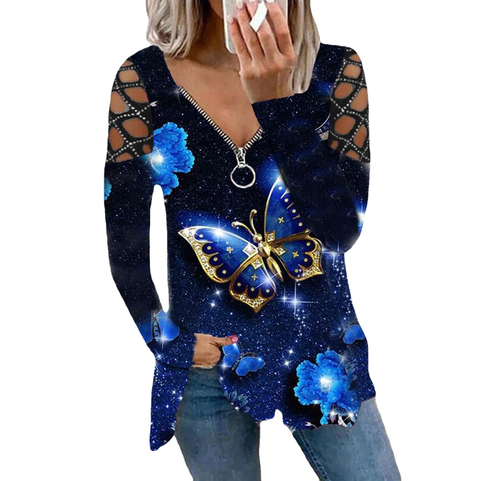 Женская блузка с V-образным вырезом, на молнии
Женская блузка с V-образным вырезом, на молнии