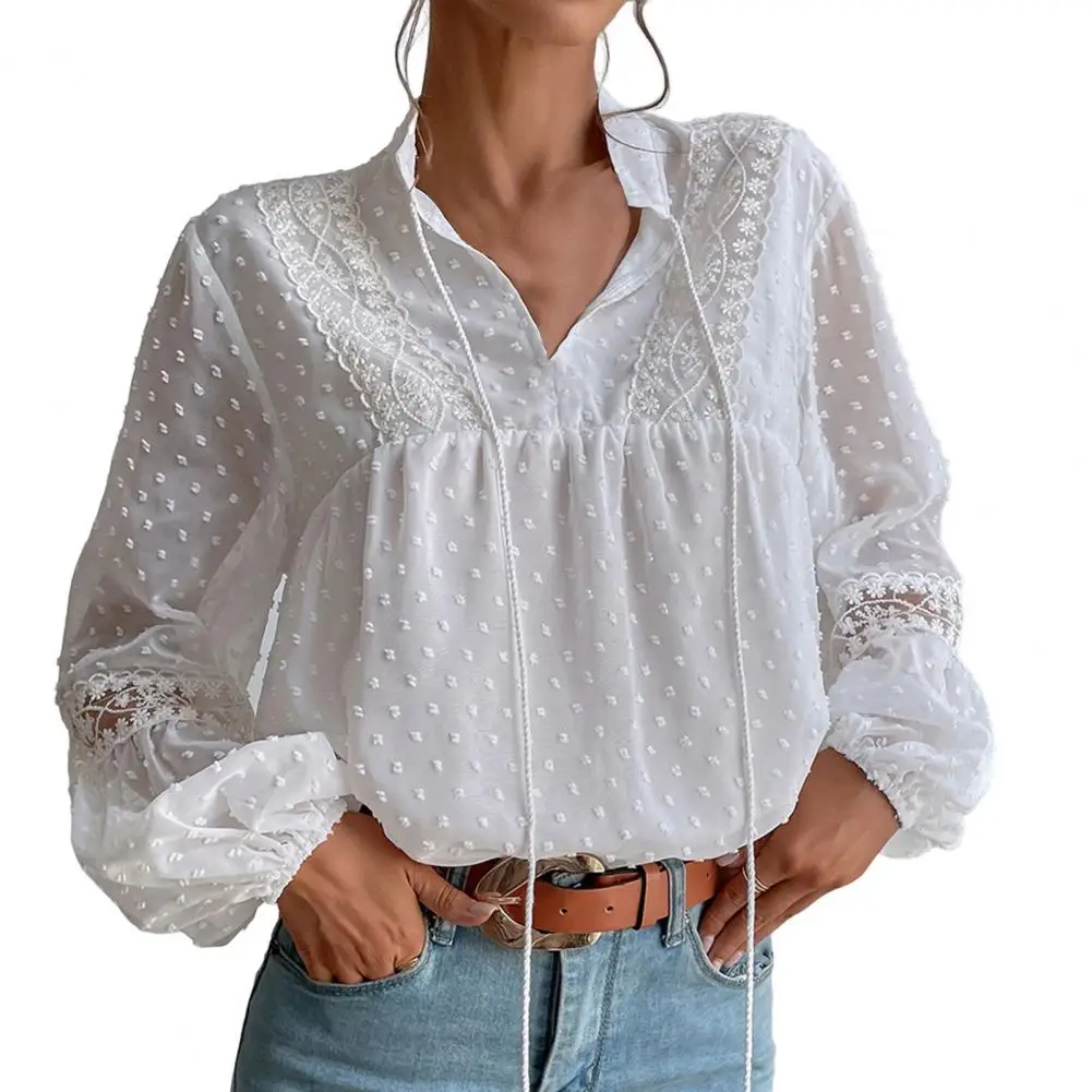 Women V-Neck Front Lace-up Lantern Long Sleeve Dot Jacquard Decor Casual Blouse Embroidery Lace Patchwork See-through Shirt Top
Women V-Neck Front Lace-up Lantern Long Sleeve Dot Jacquard Decor Casual Blouse Embroidery Lace Patchwork See-through Shirt Top