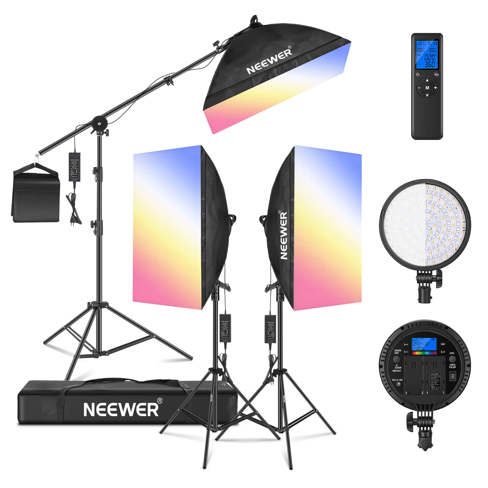 Neewer RGB LED Softbox Lighting Kit 3200~5600K With Remote: 3-Pack 48W Dimmable LED Light Head With Softbox, Stand And Boom Arm
Neewer RGB LED Softbox Lighting Kit 3200~5600K With Remote: 3-Pack 48W Dimmable LED Light Head With Softbox, Stand And Boom Arm