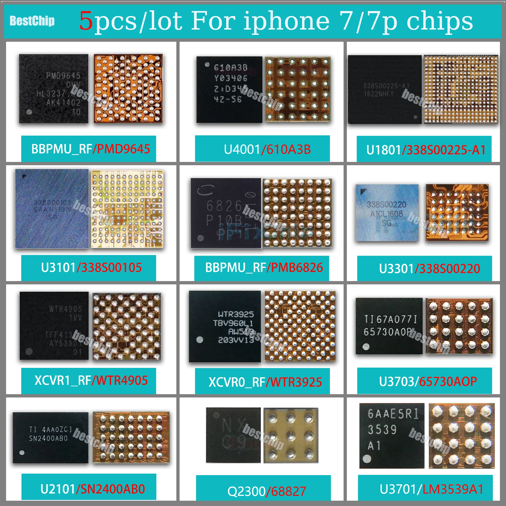 5 шт. PMD9645 WTR3925 WTR4905 338S00105 338S00225 338S00220 Q2300 U2101 PMB6826 610A3B 65730 для Iphone 7 7plus U2 Power Audio IC
5 шт. PMD9645 WTR3925 WTR4905 338S00105 338S00225 338S00220 Q2300 U2101 PMB6826 610A3B 65730 для Iphone 7 7plus U2 Power Audio IC