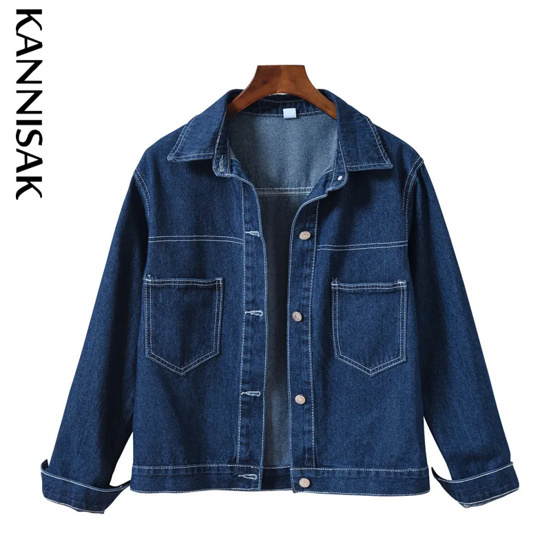 

KANNISAK Denim Jackets Women Buttons Turn-down Collar Oversize Solid Casual Korean Jeans Jacket Spring Autumn Coats Outerwears