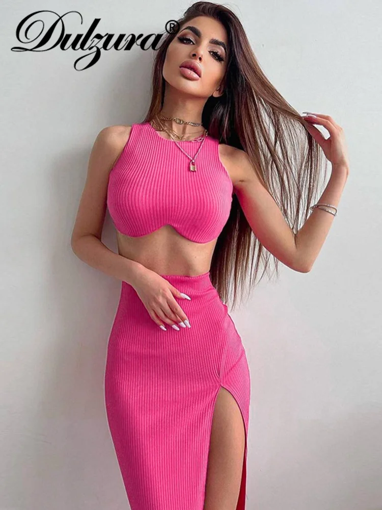 

Dulzura Ribbed Neon Sexy Y2K Clothes 2 Piece Sets Sleeveless Crop Top High Waist Side Slit Bodycon Midi Dress Outfits Club Party
