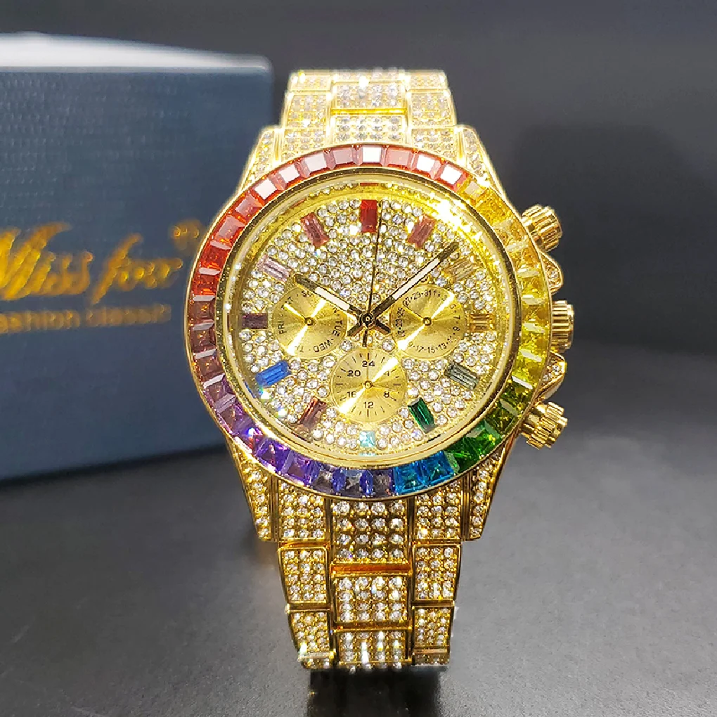 Gold Men's Watch with Rainbow Diamond Luxury Classic Hip Hop Waterproof Quartz Watches Iced Out Jewelry Hand Clock Gift For Male
Gold Men's Watch with Rainbow Diamond Luxury Classic Hip Hop Waterproof Quartz Watches Iced Out Jewelry Hand Clock Gift For Male