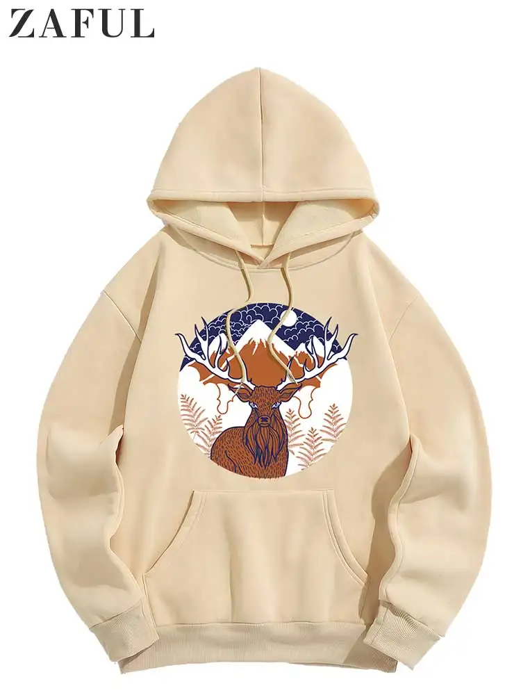 

ZAFUL Men's Hoodie Christmas Elk Printed Graphic Sweatshirt Fleece-lined Streetwear Pullover Fall Winter Unisex Hooded Jumper