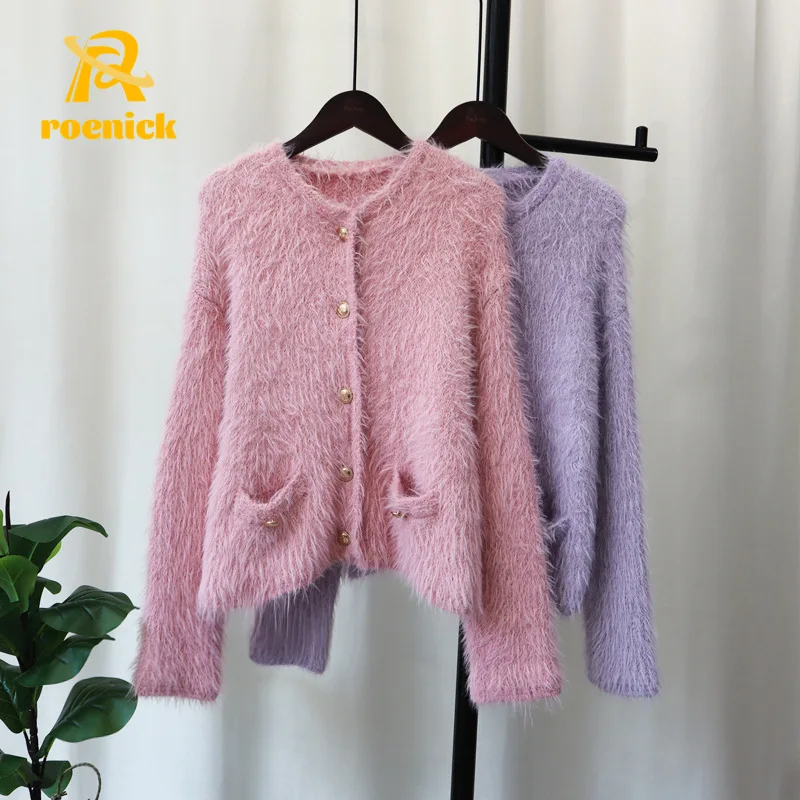 

ROENICK Women's French Imitation Mink Fleece Sweaters Cardigans Autumn Knitted Tops Sweet Single-breasted Pink Jumpers Coats