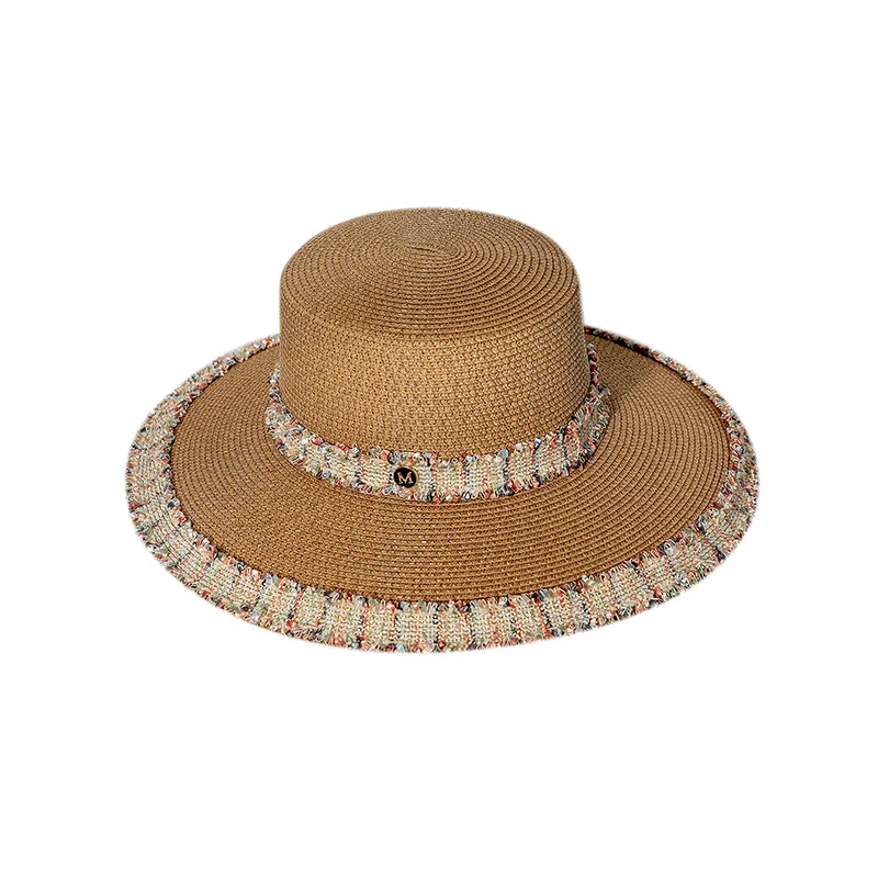 

Шляпа женская Соломенная с плоским верхом, кружевная Панама от солнца, для отдыха и пляжа, дышащая модная шапка в стиле путешествий, чёрная, весна-лето
