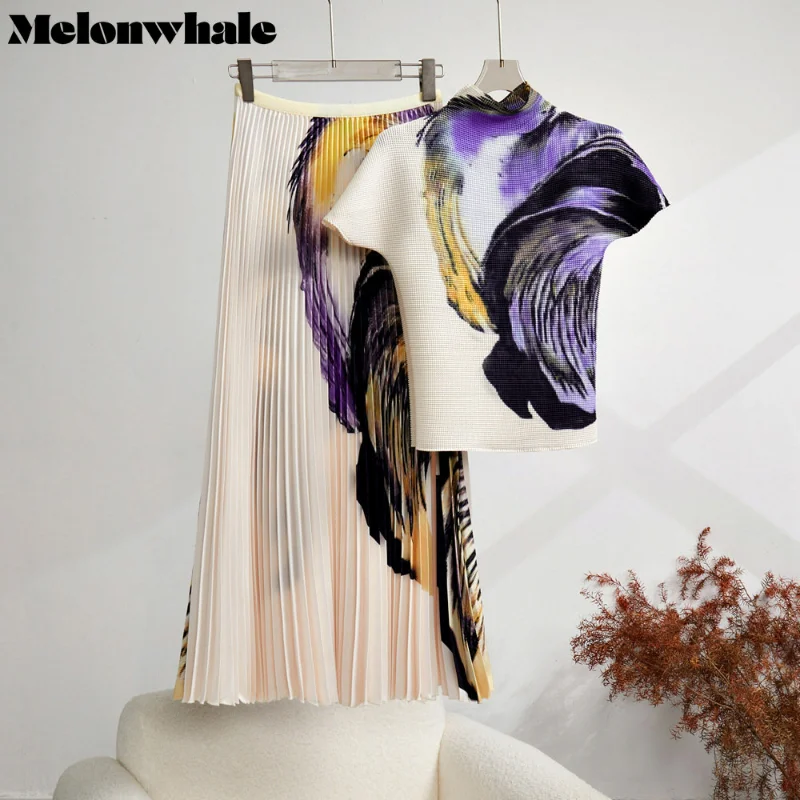 MelonWhale Printed Color Pleated Two Piece Sets for Women Short Sleeve Turtleneck Top Elastic Waist A-line Skirts 2023 Summer 
MelonWhale Printed Color Pleated Two Piece Sets for Women Short Sleeve Turtleneck Top Elastic Waist A-line Skirts 2023 Summer
