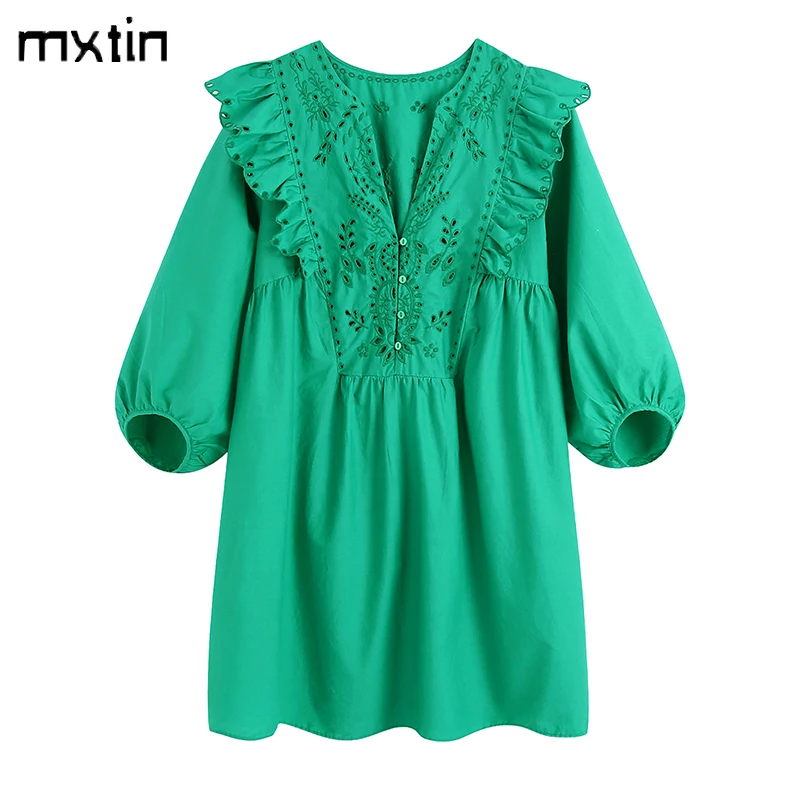 

2022 Women Spring Vintage Green Layered Embellished Mini Dress Fashion V-Neck Puff Sleeve Button Casual Party Female Dresses