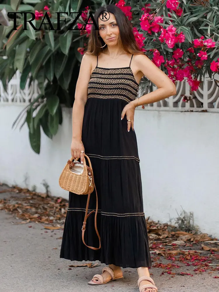 TRAFZA Summer Elegant Fashion Chic Stripe Embroidery Slim Long Dresses Female Casual Sexy Sleeveless Backless Black Dresses
TRAFZA Summer Elegant Fashion Chic Stripe Embroidery Slim Long Dresses Female Casual Sexy Sleeveless Backless Black Dresses