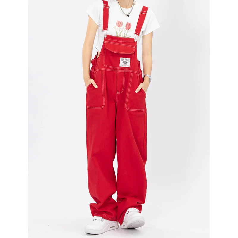 

2023Casual slim-fit pants, Womens Red Vintage Suspender Jeans Fashion Pocket Baggy Wide Leg Pants Streetwear Casual Straight De
