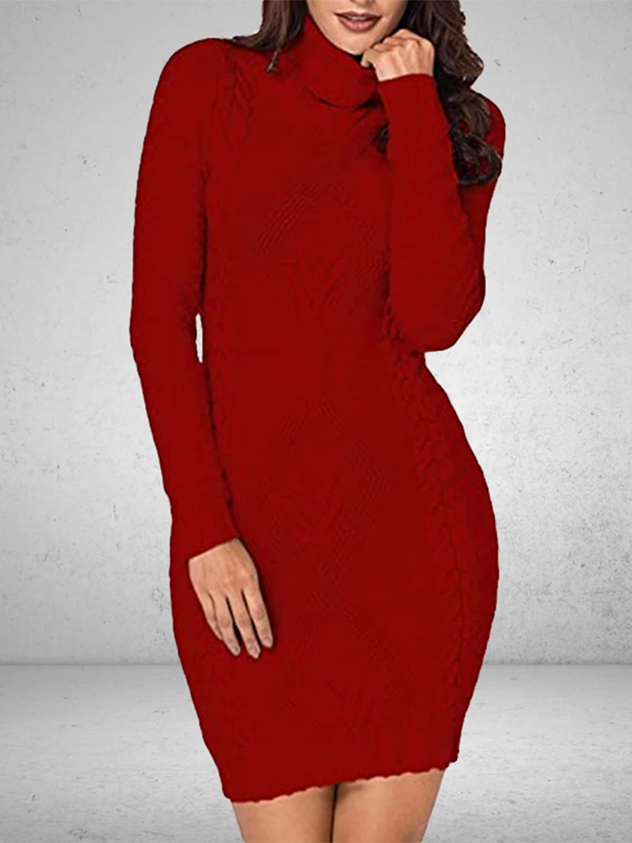 

Women's Sweater Dress Winter Turtleneck High Quality Slim Fit Knitted Dress Solid Color Long Sleeve Casual Elegant Mini Dres