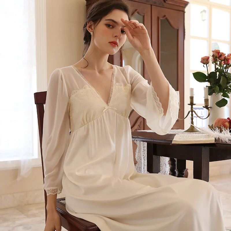 Women Sexy V-Neck Night Dress Princess French Style Full Sleeves Silk Nightie Spring Autumn Mid-Calf Nightgowns Comfy Sleepwear
Women Sexy V-Neck Night Dress Princess French Style Full Sleeves Silk Nightie Spring Autumn Mid-Calf Nightgowns Comfy Sleepwear