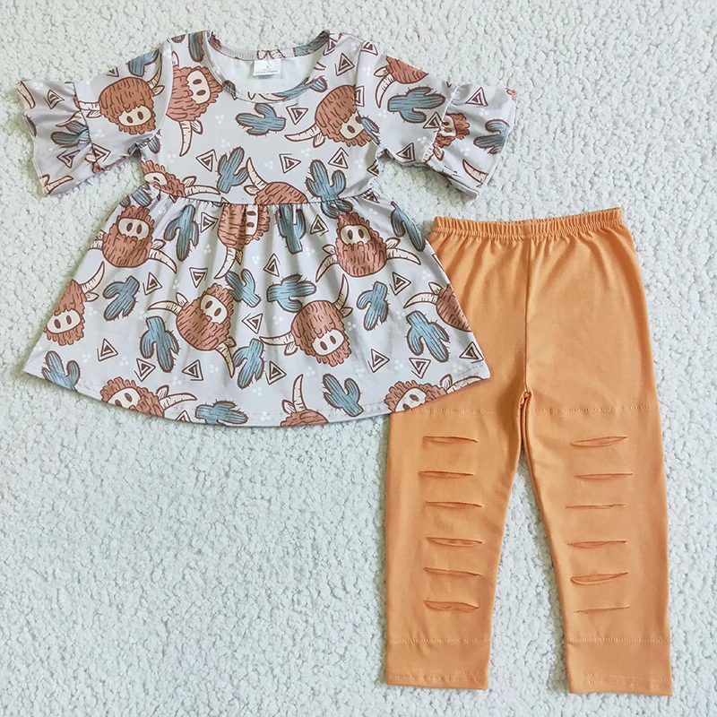 Boutique fall kids clothing western cow cactus print short sleeves shirt hole design orange pants two piece outfits for girl
Boutique fall kids clothing western cow cactus print short sleeves shirt hole design orange pants two piece outfits for girl