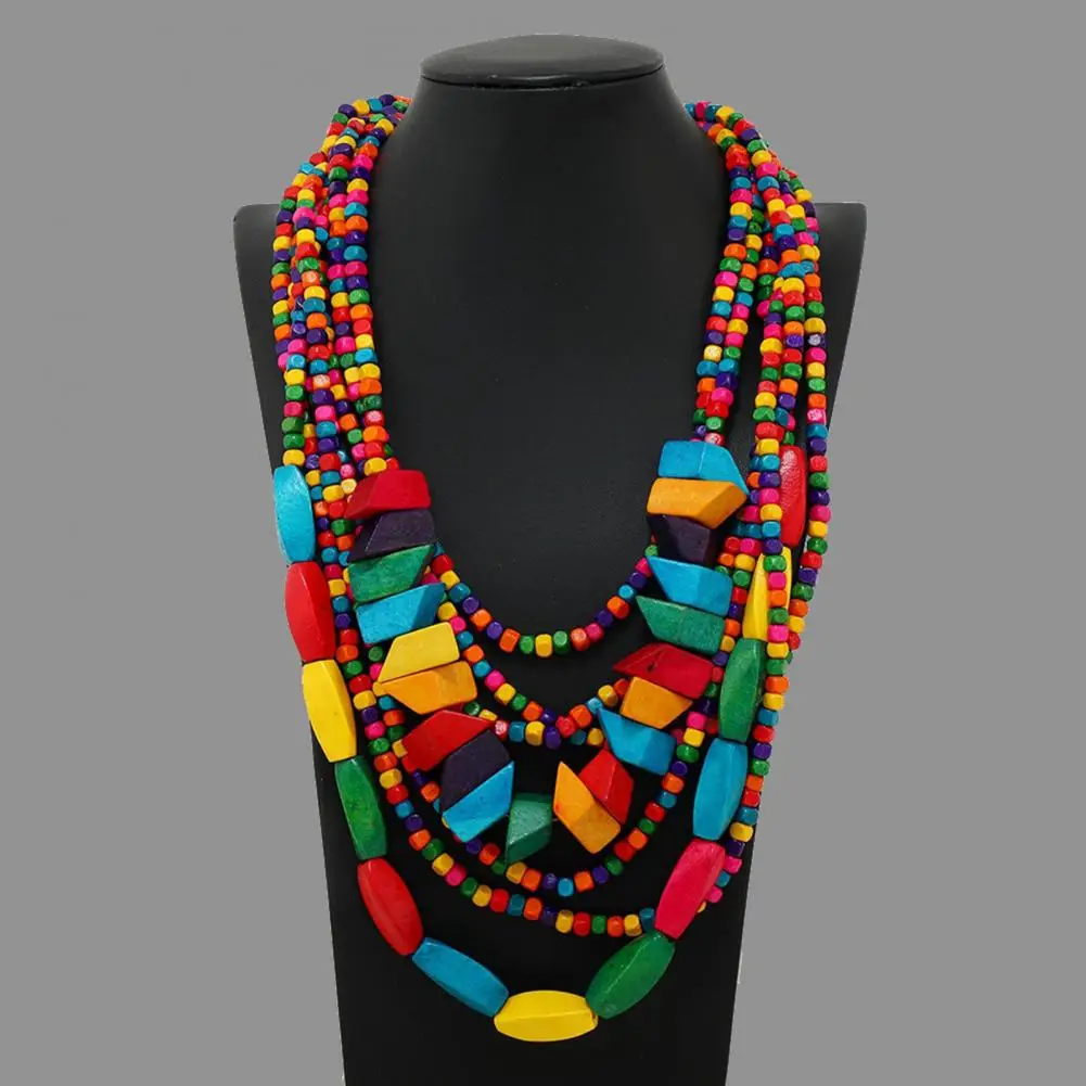 

Party Necklace Exaggerated Vintage Multilayer Handmade Colorful Beads Dress Up Fashion Item Ethnic Tassel Wood Beaded Bib Neckla
