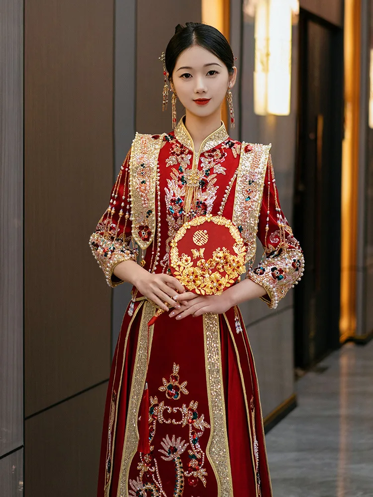 

Womens Phoenix Embroidery Beading Wedding Dress Chinese Style Toast Clothing Bride Sparkly Sequins Beading Marriage Set