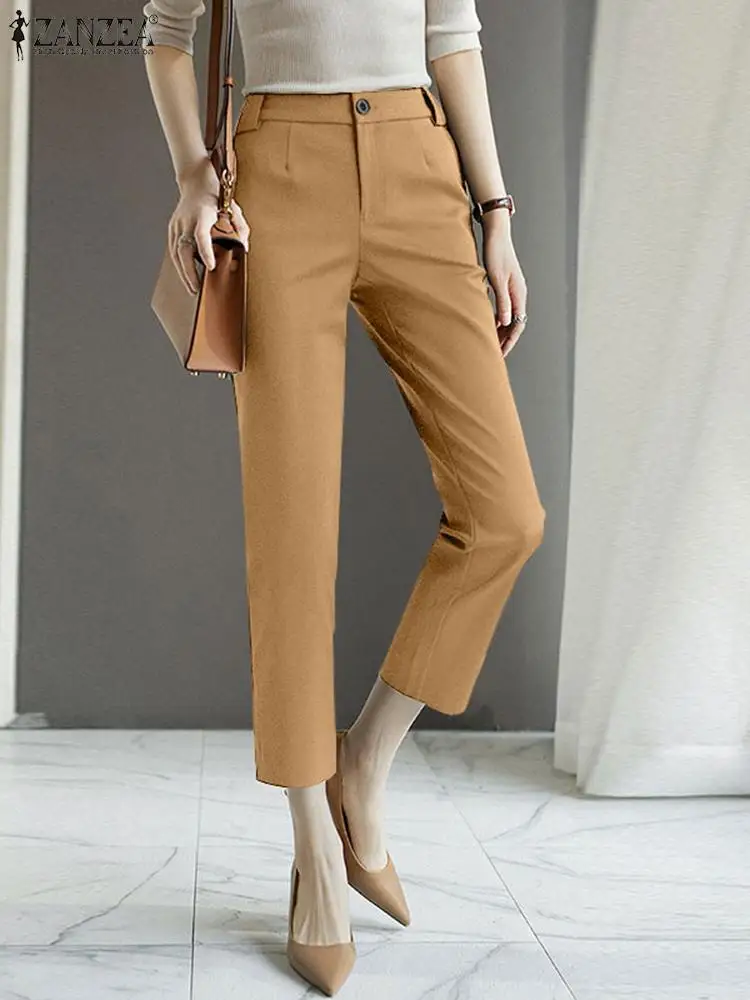 

Элегантные офисные женские брюки ZANZEA с высокой талией и карманами, модные повседневные свободные прямые брюки с прямыми штанинами, 2022