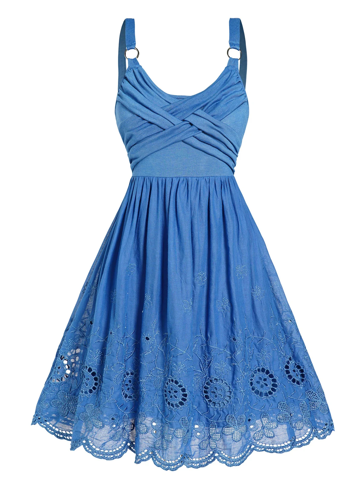 

Hollow Out Flower Embroidery A Line Dress Scalloped Hem Crossover O Ring Strap Sleeveless Dress