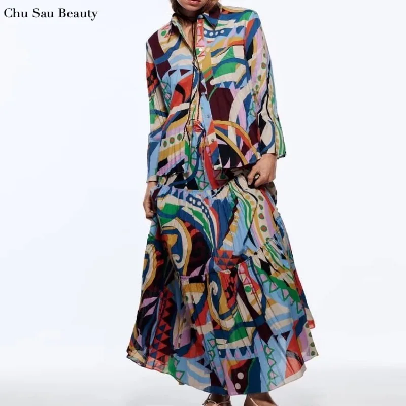 Women Printed Blouse and Long Skirt Set Za Fashion Lapel Long Sleeve Loose Blouse Elastic Waist Casual Skirt Resort Street Style
Women Printed Blouse and Long Skirt Set Za Fashion Lapel Long Sleeve Loose Blouse Elastic Waist Casual Skirt Resort Street Style