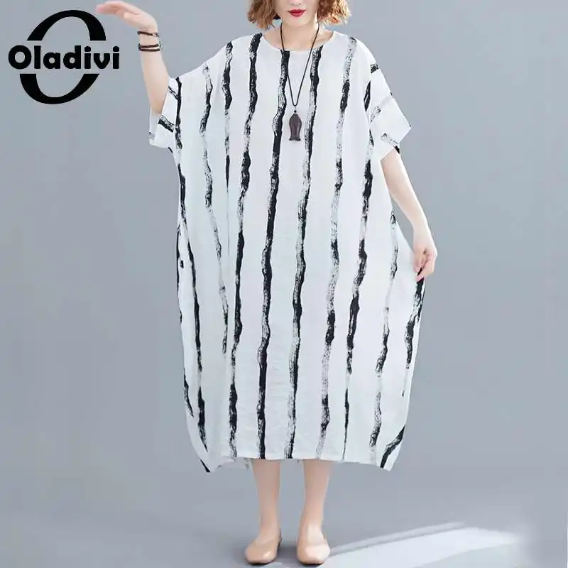 

Oladivi Одежда большого размера, женское летнее Полосатое платье, женская мода, повседневные свободные платья-миди с карманами, туника, платья, ...