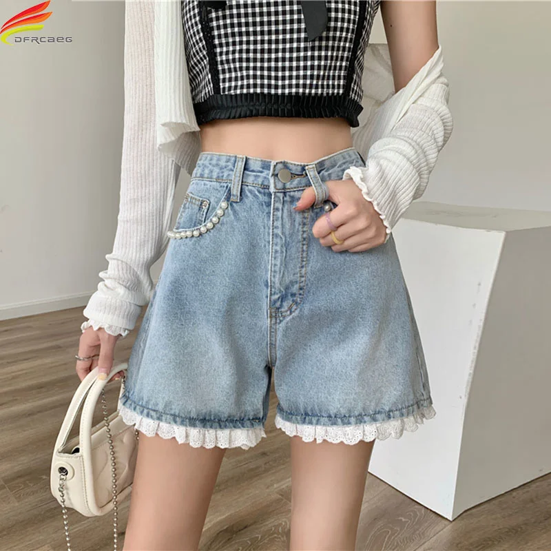 Женские джинсовые шорты с высокой талией, повседневные синие шорты с бисером и кружевом в Корейском стиле, лето 2023 
Женские джинсовые шорты с высокой талией, повседневные синие шорты с бисером и кружевом в Корейском стиле, лето 2023