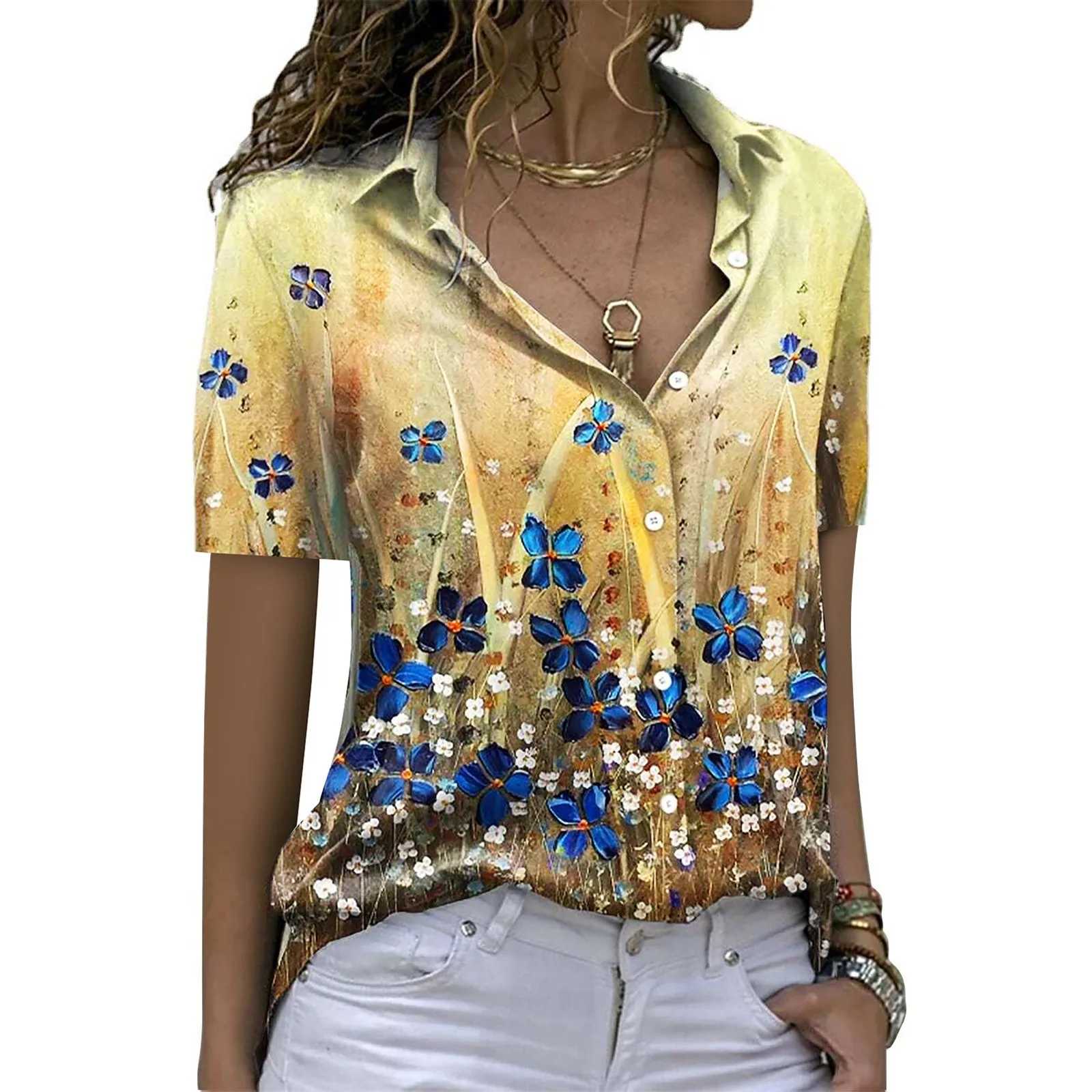 Women Blouses Casual Button Down Colorful Short Sleeve Shirt Print Tops Loose Collar Shirt Blouses Vetement Femme 2022
Women Blouses Casual Button Down Colorful Short Sleeve Shirt Print Tops Loose Collar Shirt Blouses Vetement Femme 2022