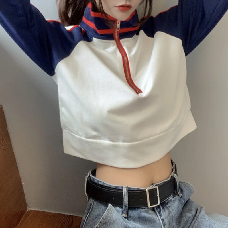 2021 Fall Korean Style Lapel Color Patchwork Zipper Long Sleeve Pulloers Women's Loose High Waist New Short Top Fashion Tops
2021 Fall Korean Style Lapel Color Patchwork Zipper Long Sleeve Pulloers Women's Loose High Waist New Short Top Fashion Tops