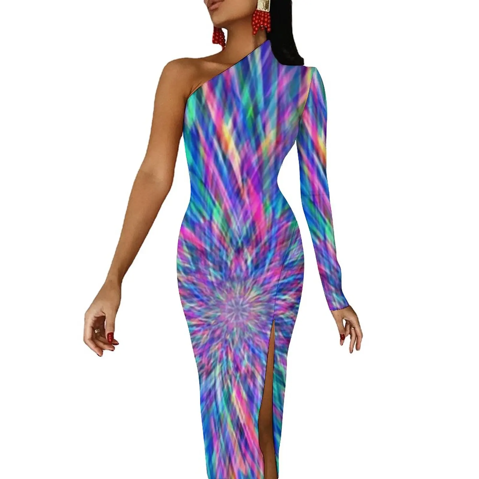 Colorful Tie Dye Bodycon Dress Summer Bright Light Print Sexy High Slit Long Dresses Female One Shoulder Printed Aesthetic Dress
Colorful Tie Dye Bodycon Dress Summer Bright Light Print Sexy High Slit Long Dresses Female One Shoulder Printed Aesthetic Dress