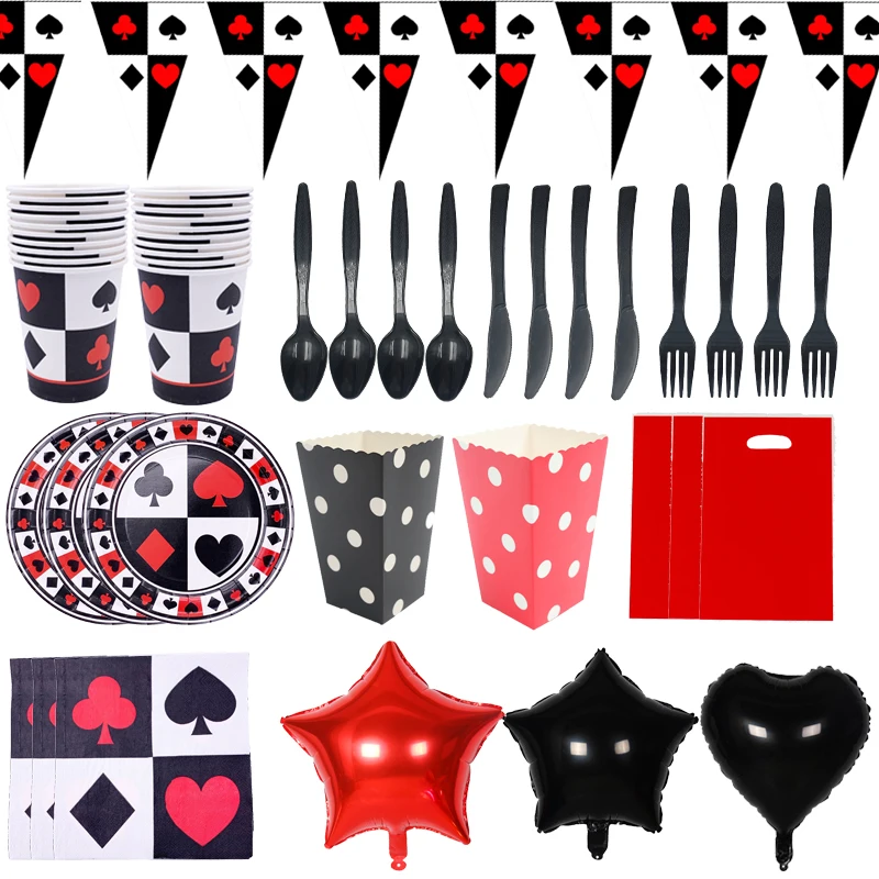 Casino Theme Black Red Heart Poker Card Disposable Tableware Set Paper Plate Cup Birthday Banner Latex Balloons supply Kids Gift
Casino Theme Black Red Heart Poker Card Disposable Tableware Set Paper Plate Cup Birthday Banner Latex Balloons supply Kids Gift