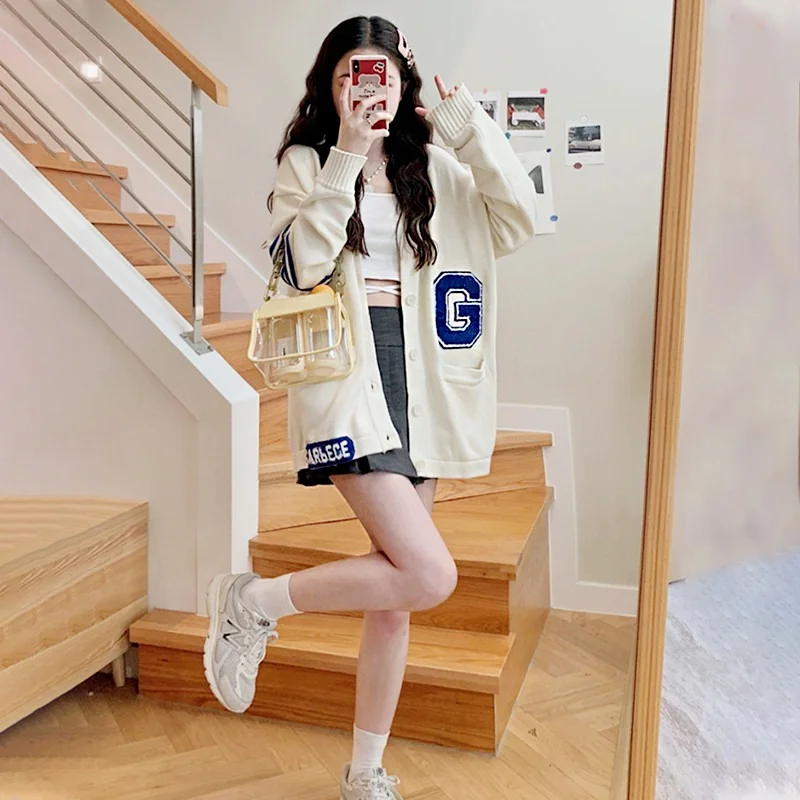 

Korean Fashion Letter Printed Cardigans Women Preppy Style V-Neck Thin Loose Sweaters Couple Clothing Spring Autumn Casual Tops