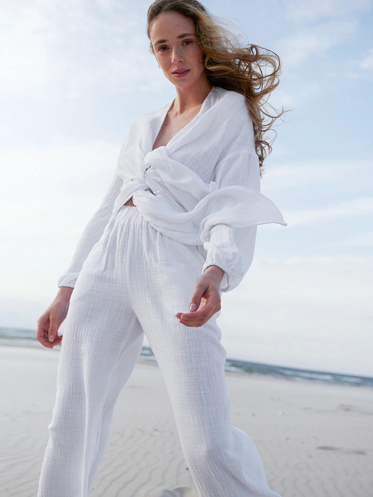 Hiloc Loose Cotton Sleepwear Sexy Lace Up Pajamas Female Winter Long Sleeve Home Clothes For Women Pajama White Women's Suit
Hiloc Loose Cotton Sleepwear Sexy Lace Up Pajamas Female Winter Long Sleeve Home Clothes For Women Pajama White Women's Suit