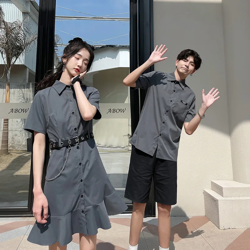 Couple Matching Clothes College School Gray Dress Shirt With Belt Summer Korean Fashion Lovers Vacation Women Outfit Wear Set
Couple Matching Clothes College School Gray Dress Shirt With Belt Summer Korean Fashion Lovers Vacation Women Outfit Wear Set