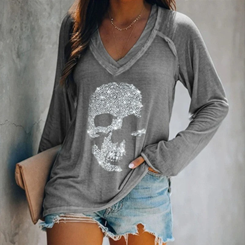 Casual Gothic Skulls Rhinestone Long Sleeve V-neck T-shirts Ladies Spring and Autumn Y2K Clothes Graphic Harajuku Tee Tops Women
Casual Gothic Skulls Rhinestone Long Sleeve V-neck T-shirts Ladies Spring and Autumn Y2K Clothes Graphic Harajuku Tee Tops Women