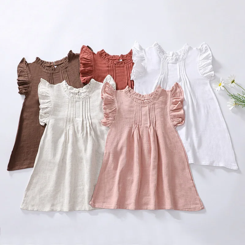 Children's clothing solid color linen flying sleeve dress lace neckline dress girls summer
Children's clothing solid color linen flying sleeve dress lace neckline dress girls summer