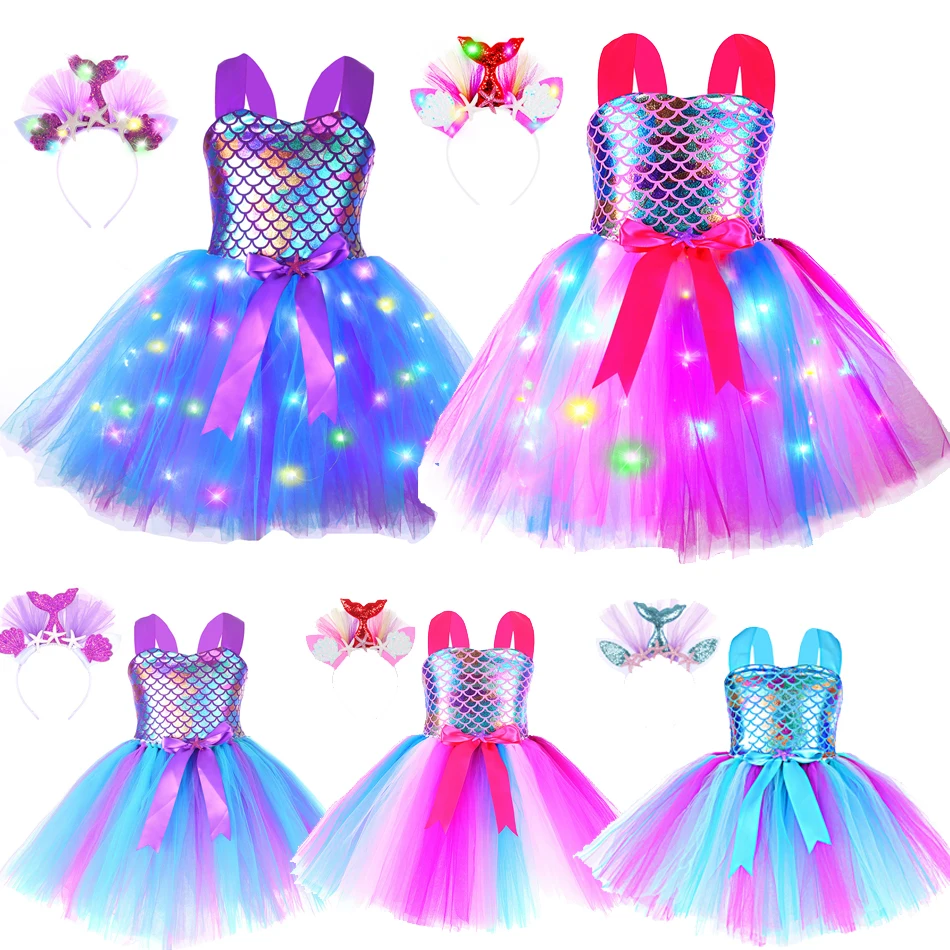 

Halloween Kids Mermaid Tutu Princess Dress with LED Lights Childrren Glowing Lighting Theme Party Clothing for Girls Cosplay Cos