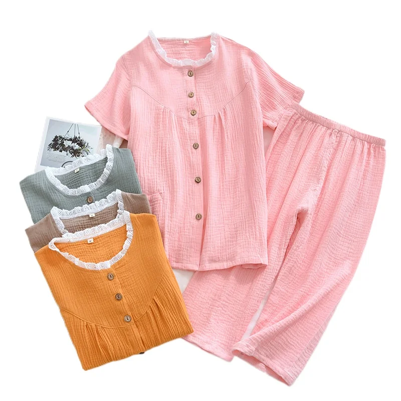 Summer Thin Women Washed Crepe Pajamas Set Plus Size Home Clothes Double-layer Gauze Short Sleeve Lace Collar Cropped Pants Suit
Summer Thin Women Washed Crepe Pajamas Set Plus Size Home Clothes Double-layer Gauze Short Sleeve Lace Collar Cropped Pants Suit