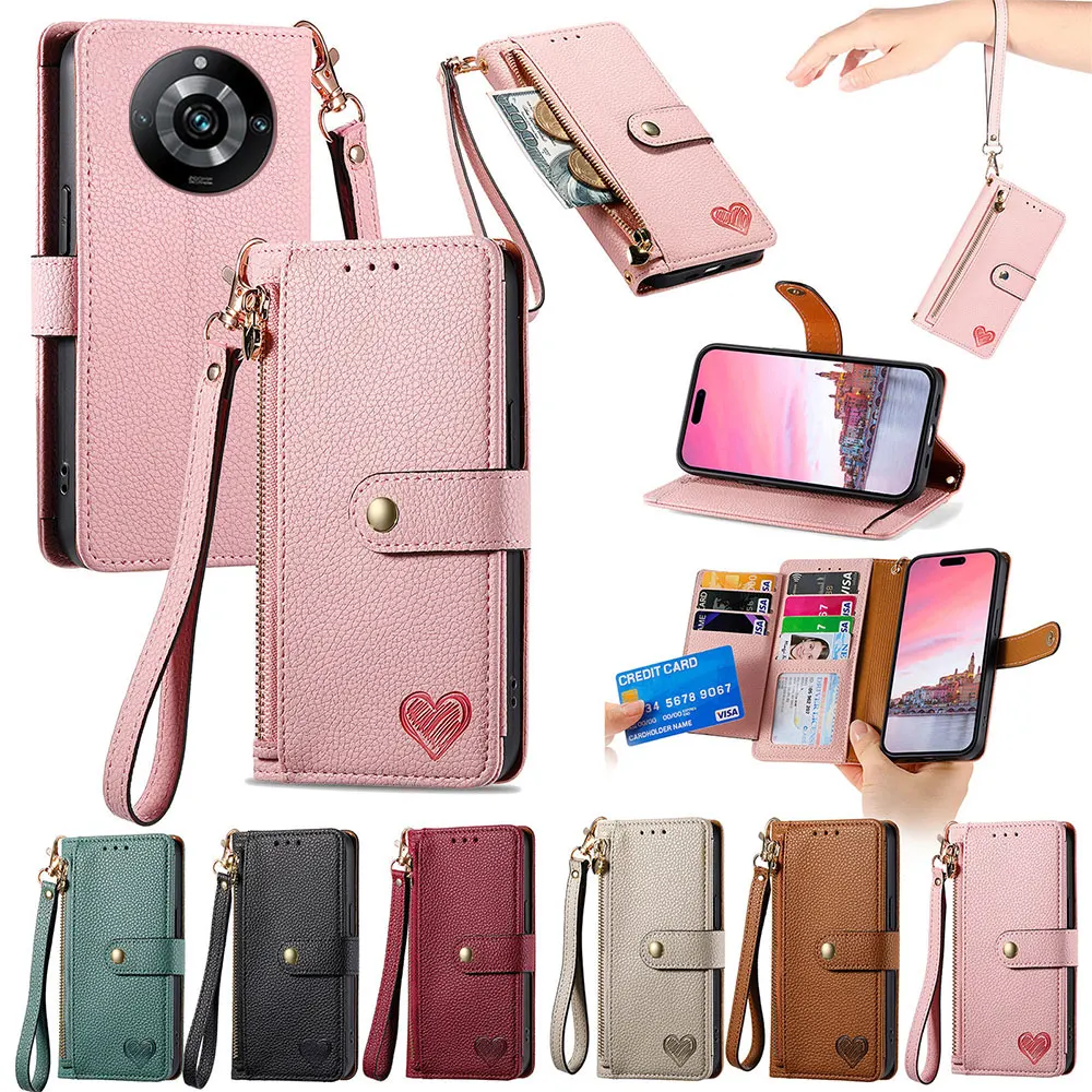

For Oppo Realme 11x 11 10 9 8 7 6 Pro Plus 9i 8s 5G 8i 7i 6s 5i 6i 5Pro 5s Hanging Rope Love Phone Leather Case Cover Funda