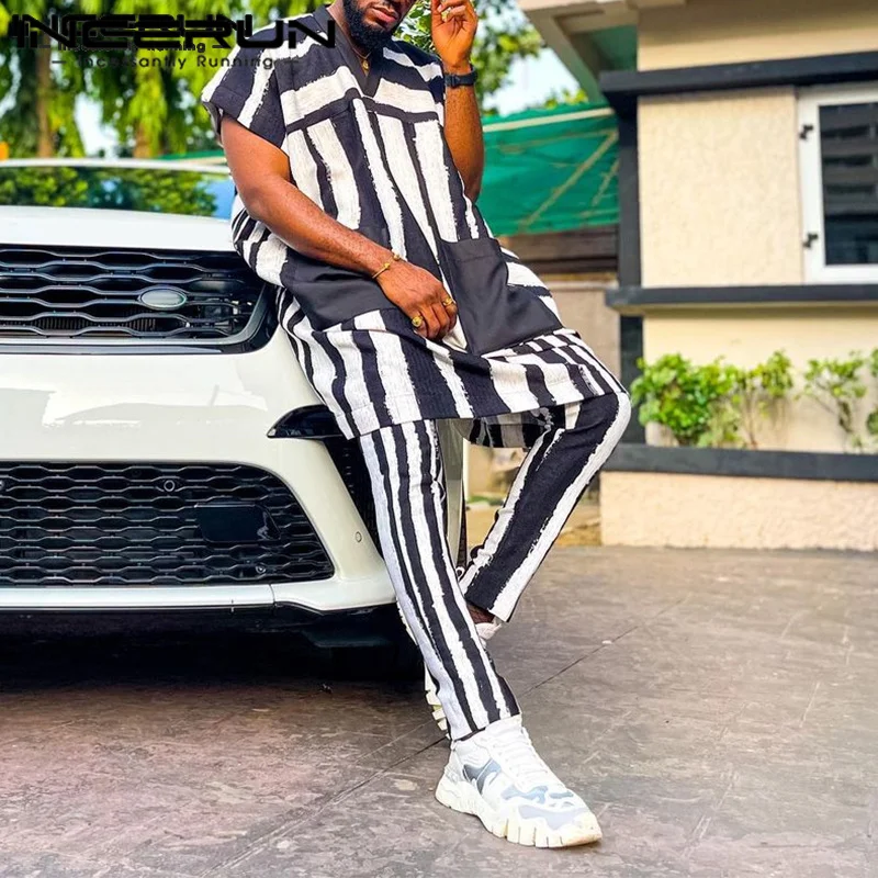 Fashion New Men Sets V-Neck Short Sleeve Stripe Medium Length Top Waist Long Pants INCERUN Muslim Style Suit 2 Pieces S-5XL 2023
Fashion New Men Sets V-Neck Short Sleeve Stripe Medium Length Top Waist Long Pants INCERUN Muslim Style Suit 2 Pieces S-5XL 2023