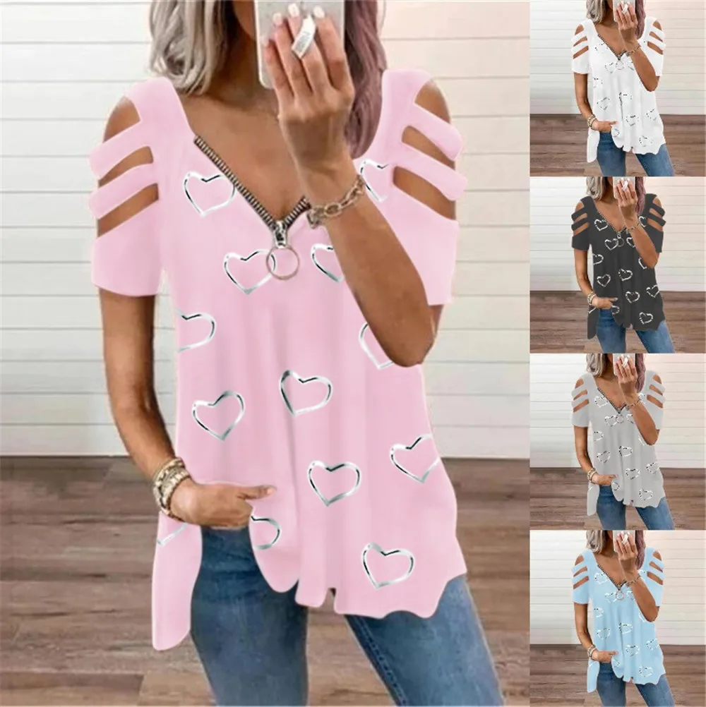 2022 Summer New Love Ladies Print V-neck Zipper PulloverTop Hollow Off-The-Shoulder Short-Sleeved Loose T-shirt Women Shirt
2022 Summer New Love Ladies Print V-neck Zipper PulloverTop Hollow Off-The-Shoulder Short-Sleeved Loose T-shirt Women Shirt