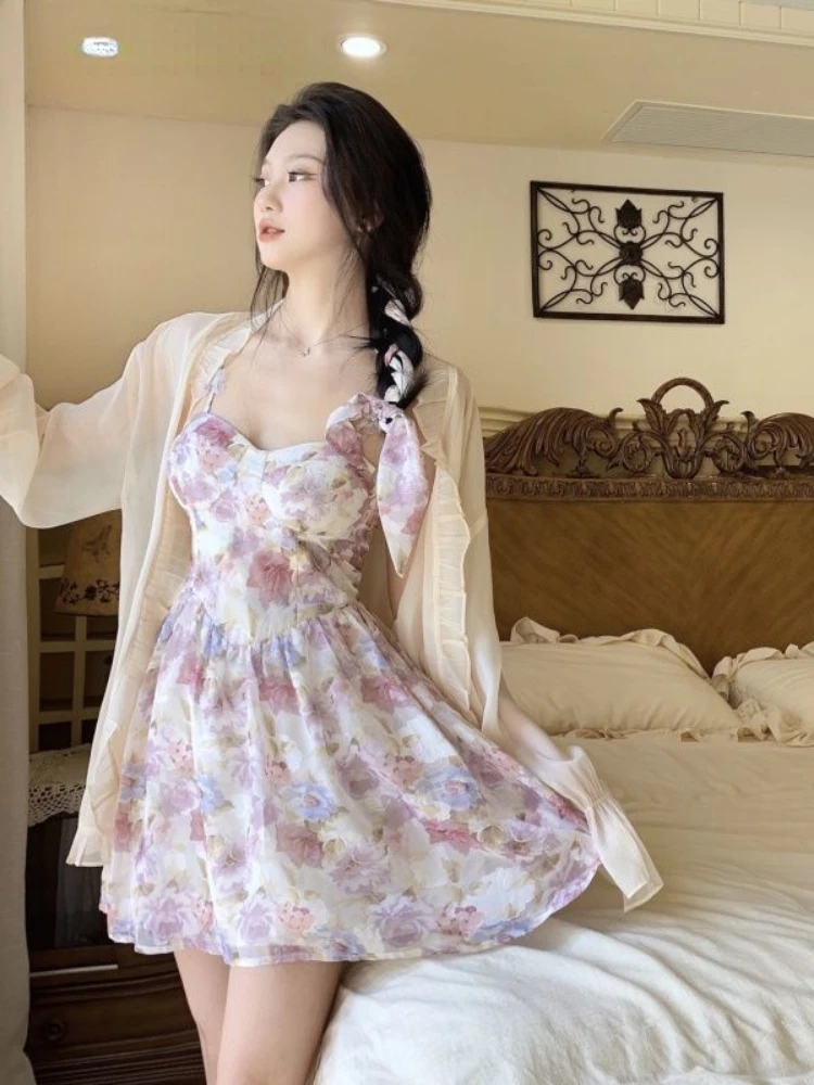 

Платье женское летнее с цветочным принтом, романтичный элегантный праздничный приталенный пляжный сарафан во французском стиле, модная новинка