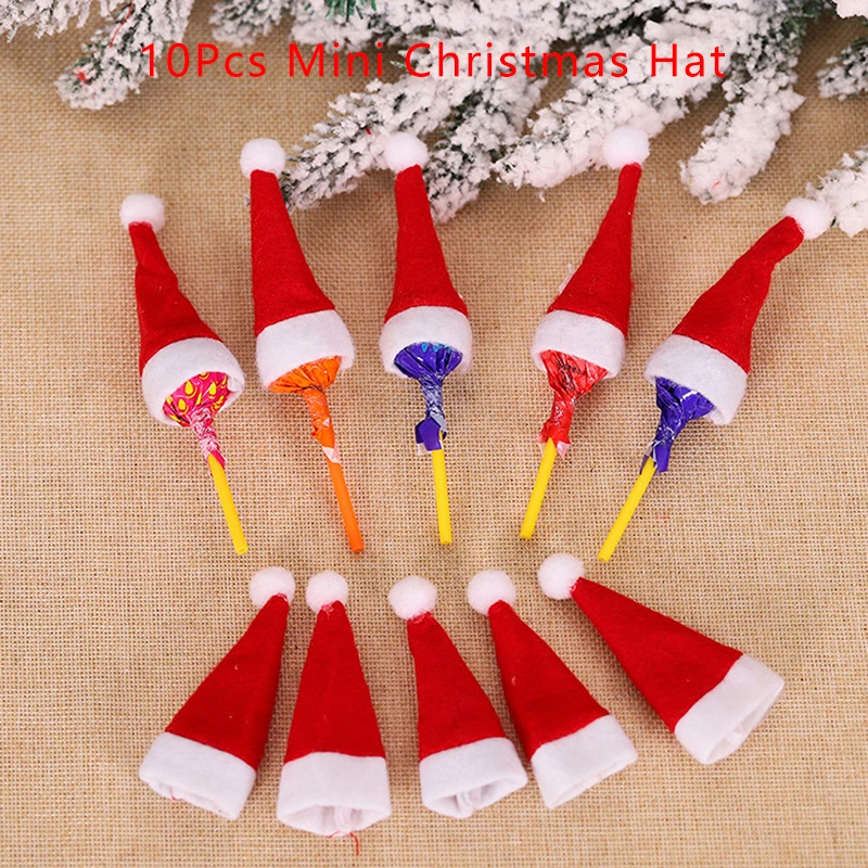 

10Pcs Santa Claus Hat Christmas Table Cutlery Decor Dollhouse Christmas Hat Lollipop Topper Cover Xmas Tree Decor Year's gifts