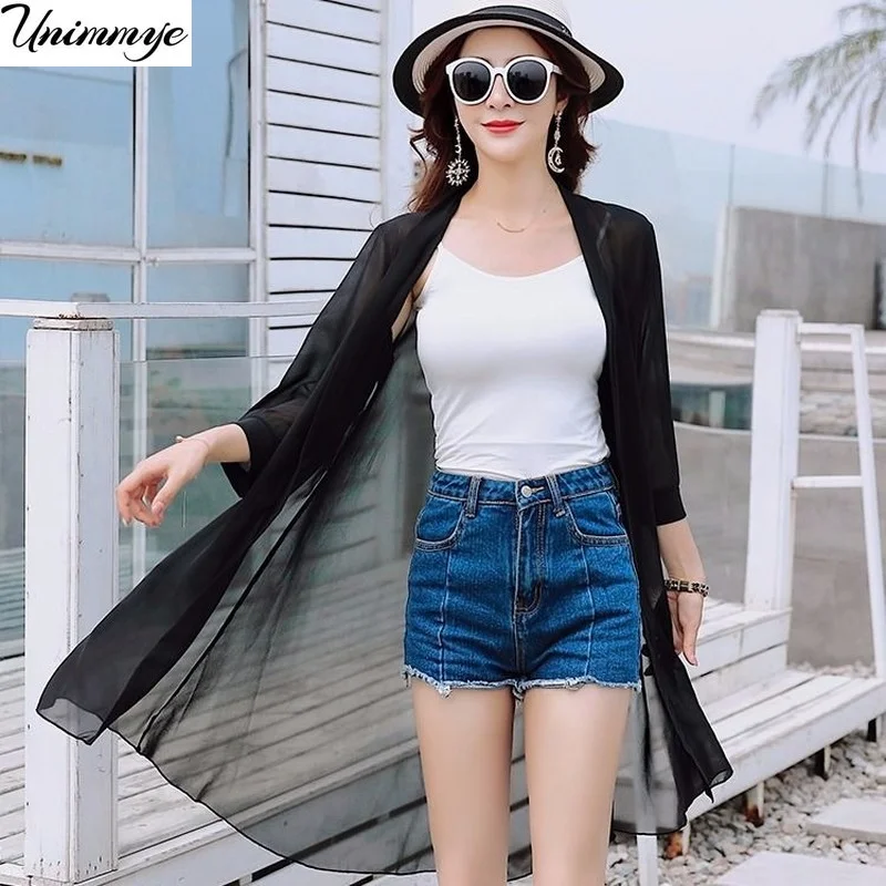 Chiffon Medium Long Cardigan Summer Women Outerwear Sun Protection Clothing Thin Top 3/4 Sleeve Coat Fashion Blouse Female J363
Chiffon Medium Long Cardigan Summer Women Outerwear Sun Protection Clothing Thin Top 3/4 Sleeve Coat Fashion Blouse Female J363