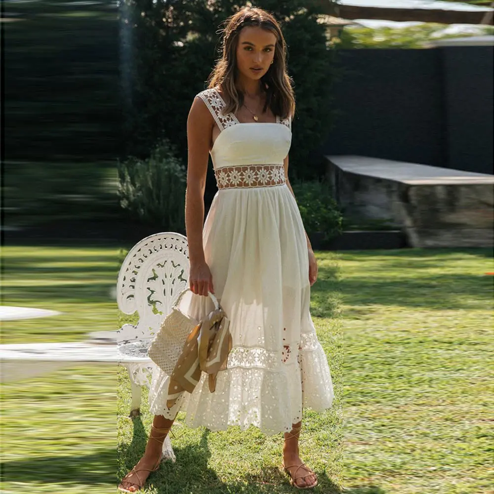 2022 New Solid Spaghetti Strap Boho Elegant Hollow Out Lace Dress Women Summer Style Midi White Cotton Dress
2022 New Solid Spaghetti Strap Boho Elegant Hollow Out Lace Dress Women Summer Style Midi White Cotton Dress