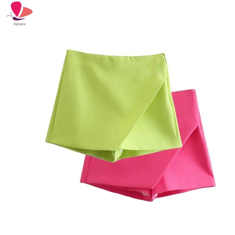 

APIPEE New Women Fashion Candy Color Asymmetrical Shorts Skirts Lady Zipper Fly Pockets Hot Shorts Chic Pantalone Cortos