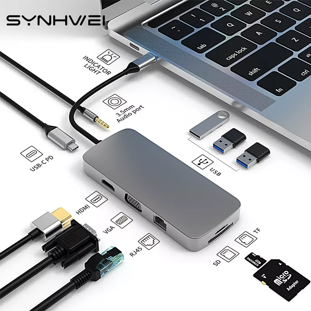 10 in 1 USB C HUB Type C Adapter to HDMI-Compatible 4K VGA RJ45 SD/TF Card 3.5MM AUX 10 Port Docking Station PC Laptop Splitter
10 in 1 USB C HUB Type C Adapter to HDMI-Compatible 4K VGA RJ45 SD/TF Card 3.5MM AUX 10 Port Docking Station PC Laptop Splitter