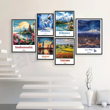 Travel poster for Peru, Provence, Jerusalem, Cotswolds, Bolivia, Tokyo, Lake Abu, Ho Chi Minh City Vietnam, Bali, Chefchaouen