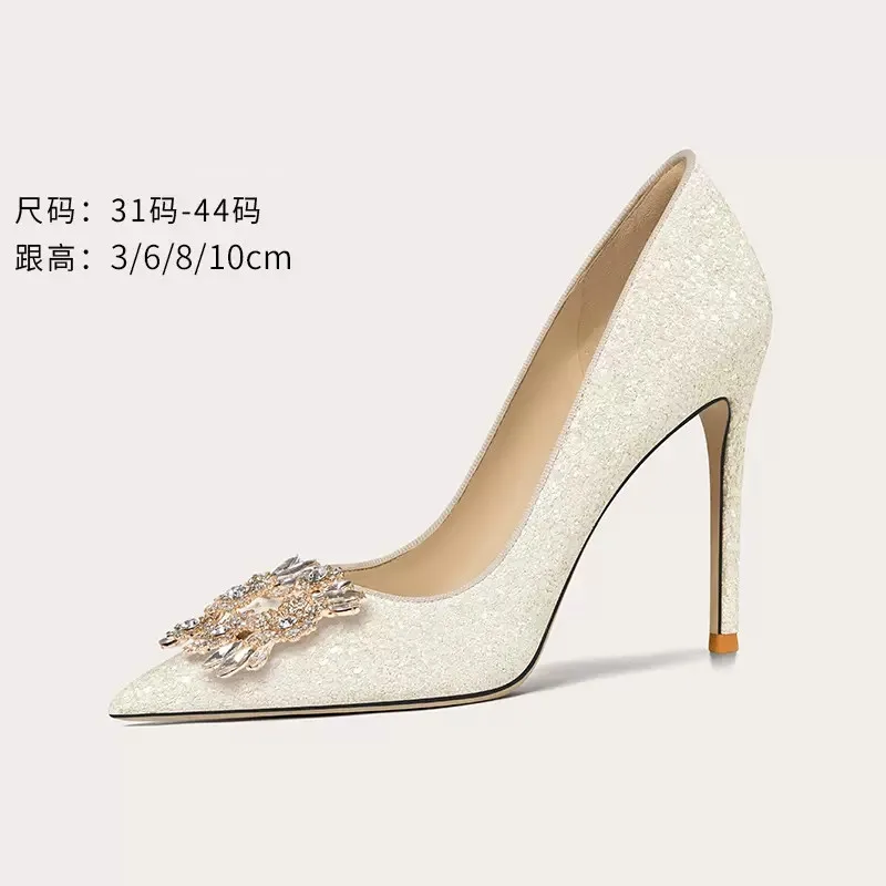 

Spring and summer new pointy sequins rhinestone bride wedding shoes thin high-heeled banquet dress large small women single shoe