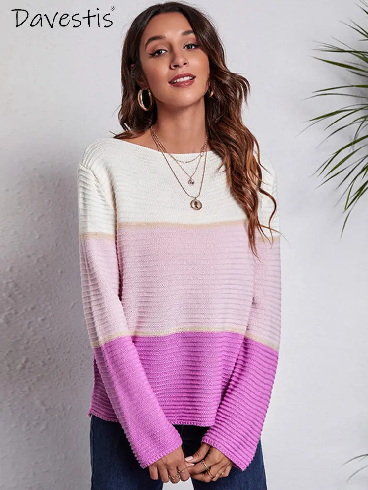 2023 Casual Fashion One Word Collar Loose Slim Sweater for Women Winter Color Contrast Striped Knit Top Lady Long Sleeve Sweater 
2023 Casual Fashion One Word Collar Loose Slim Sweater for Women Winter Color Contrast Striped Knit Top Lady Long Sleeve Sweater