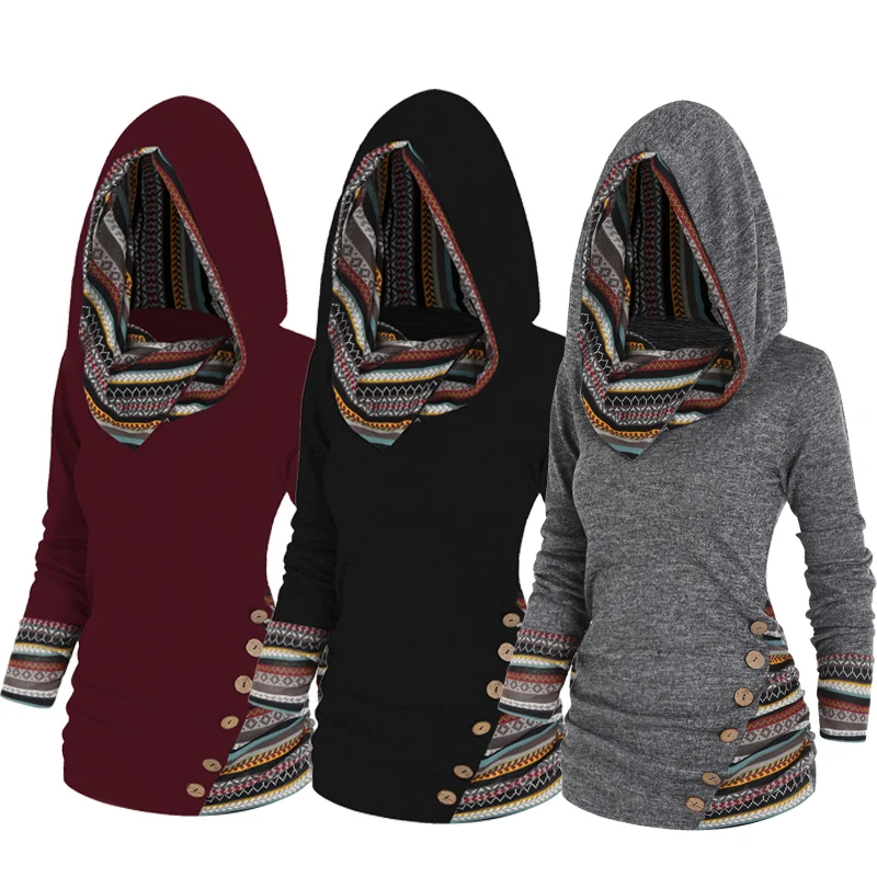 

Tribal Stripe Panel Hooded Knit Top Pullovers Women Knitwear Long Sleeve Mock Button Ethnic Casual Hoodie Top Six Colors Choose
