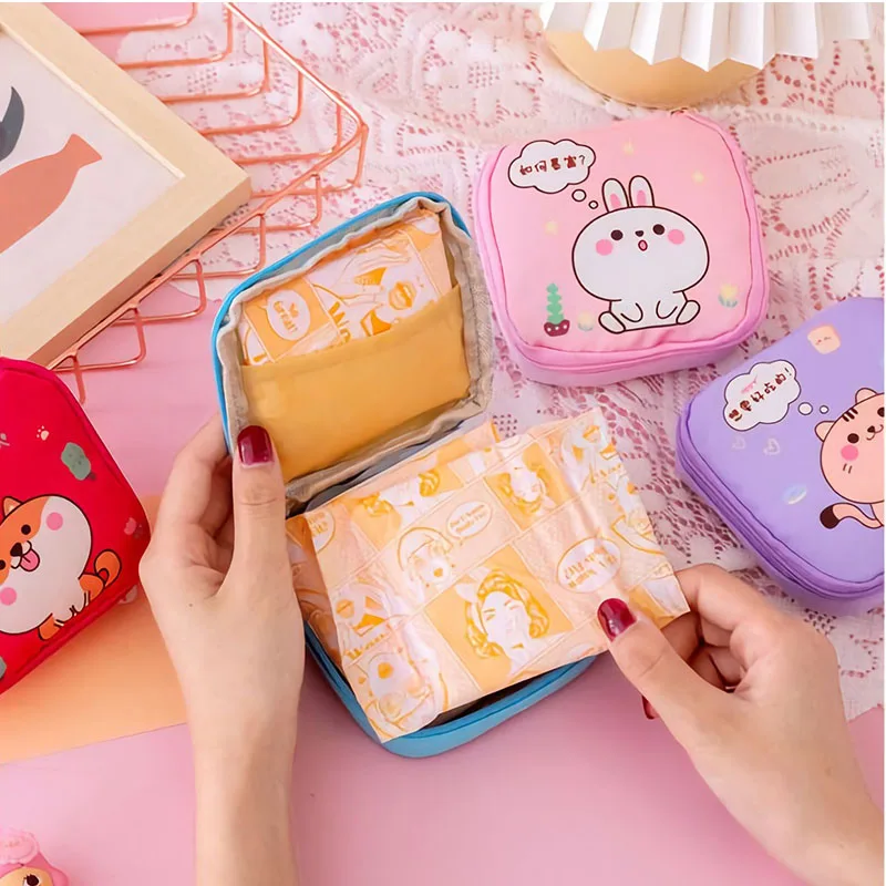 

Zipper Women Kawaii Makeup Bags Korean Style Girl Travel Mini Sanitary Towels Lipstick Earphone Storage Holder Case Organizers