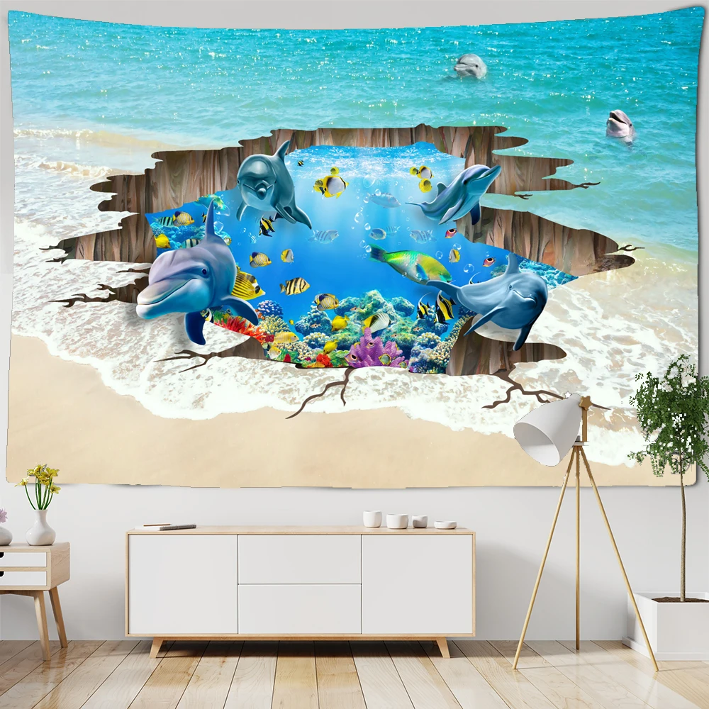 

Ocean World Tapestry Blue Sea Tropical Fish Dolphin Coral Art Wall Hanging Tapestry Hippie living Room Wall Blanket Beach Towel